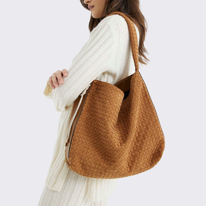 Brown Woven Suede Slouch Bag